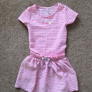 Pink Striped Shirt And Skirt Setwith Embroidered Detail